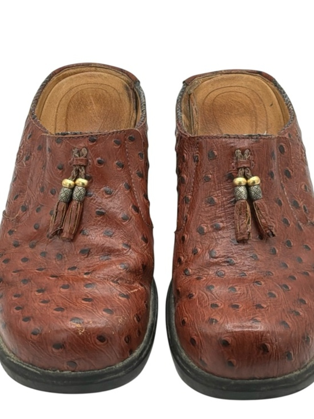 Ariat Brown ostrich-print Leather Tassel mule clogs. Sz. women's 10B